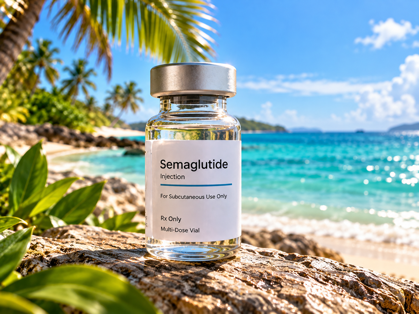 Medical vial labeled Semaglutide Injection, prescription only, on a rocky beach with palm trees and turquoise ocean