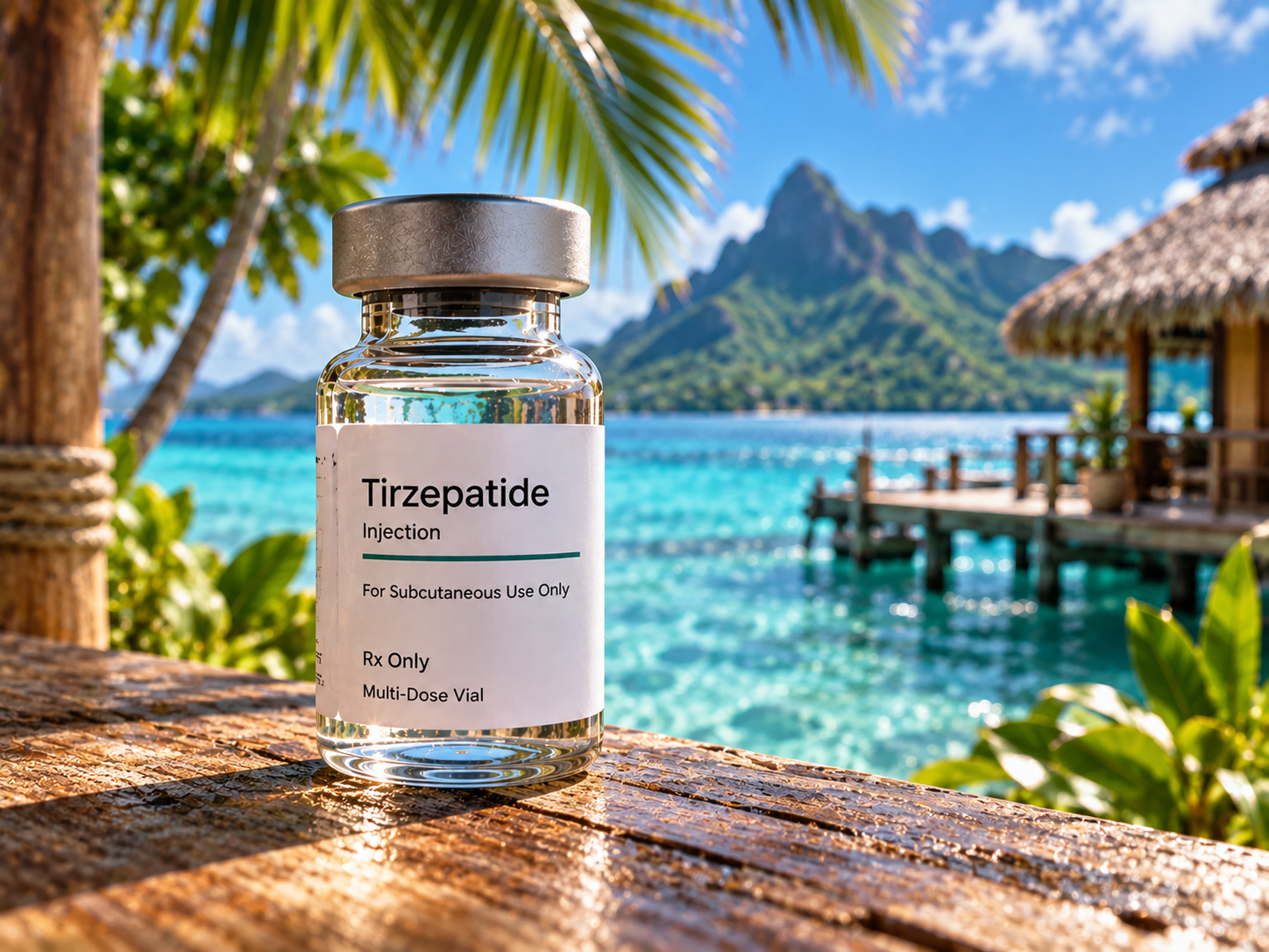 Medical vial labeled Tirzepatide Injection, prescription only, on a wooden deck overlooking a turquoise lagoon