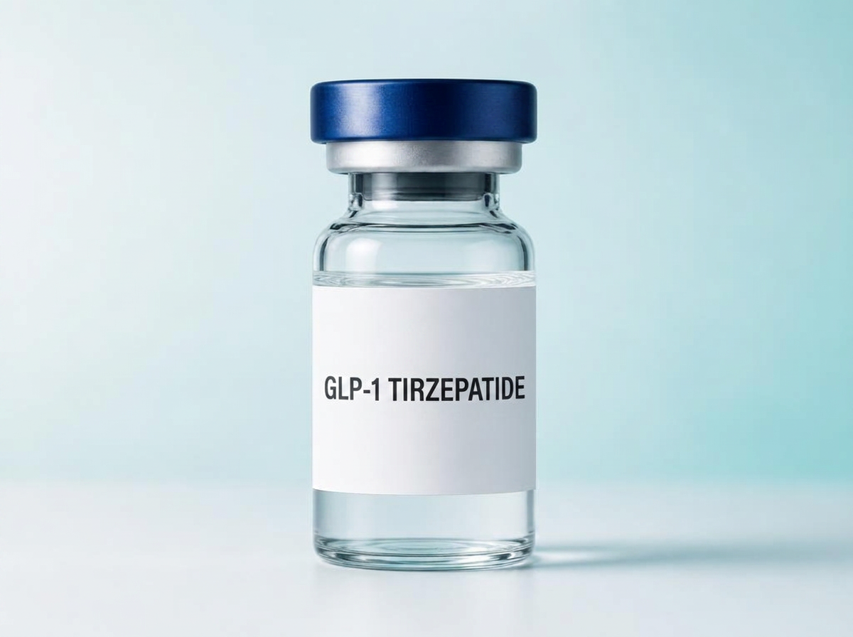 Unbranded medical vial labeled GLP-1 Tirzepatide